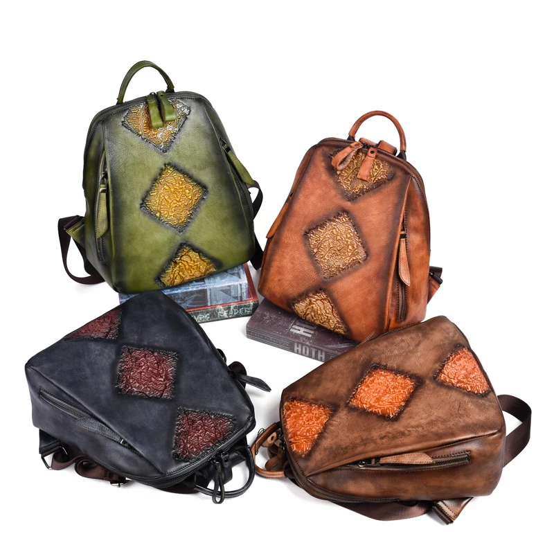 Mochila floral retrô artesanal em relevo para mulheres, couro genuíno de couro, bolsa de cor sólida, mochilas multifuncionais, moda