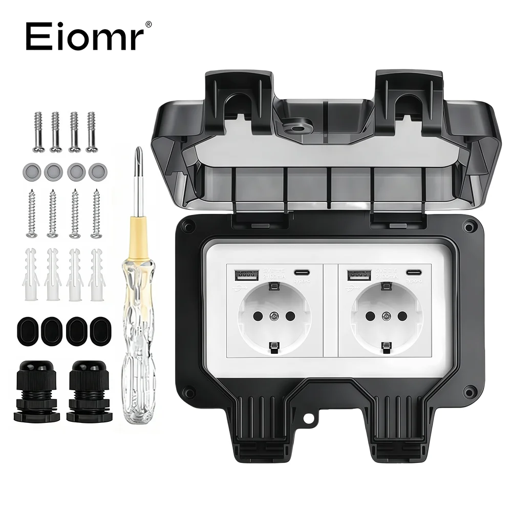 EIOMR 16A 220V IP66 wasserdichte Doppelsteckdose, schwarze Outdoor-Steckdose mit Schalter, mit Typ-C-Ladeanschluss, EU-Standardsteckdose