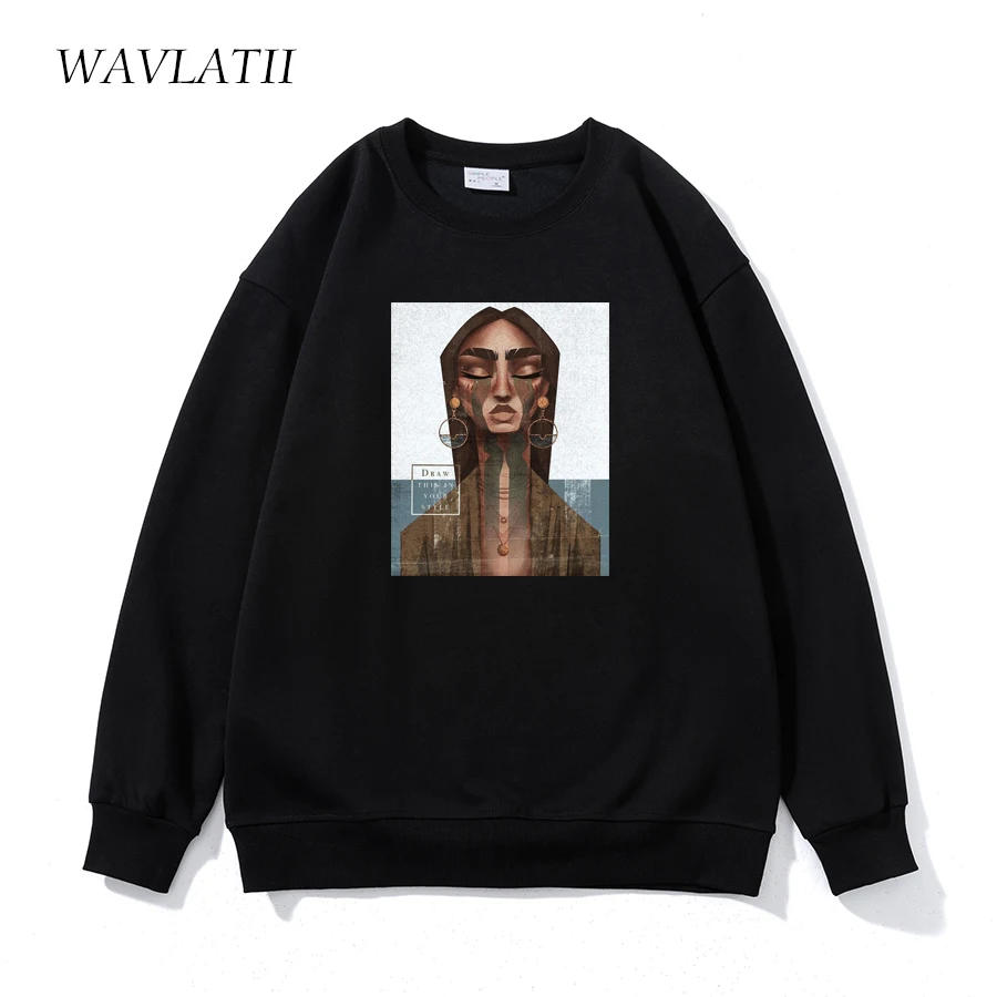 WAVLATII Women Casual White Sweatshirts Female Khaki Soft Oversized Cool Printed Hoodie Unisex O-neck Long Sleeve Tops WH2225