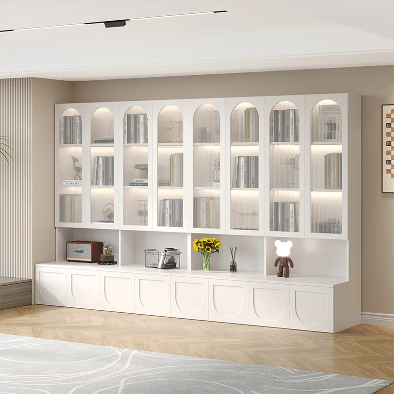 

Living Room Bookcase with Glass Door Entire Wall to Top Light Luxury High-End Free Combination Grid Cabinet