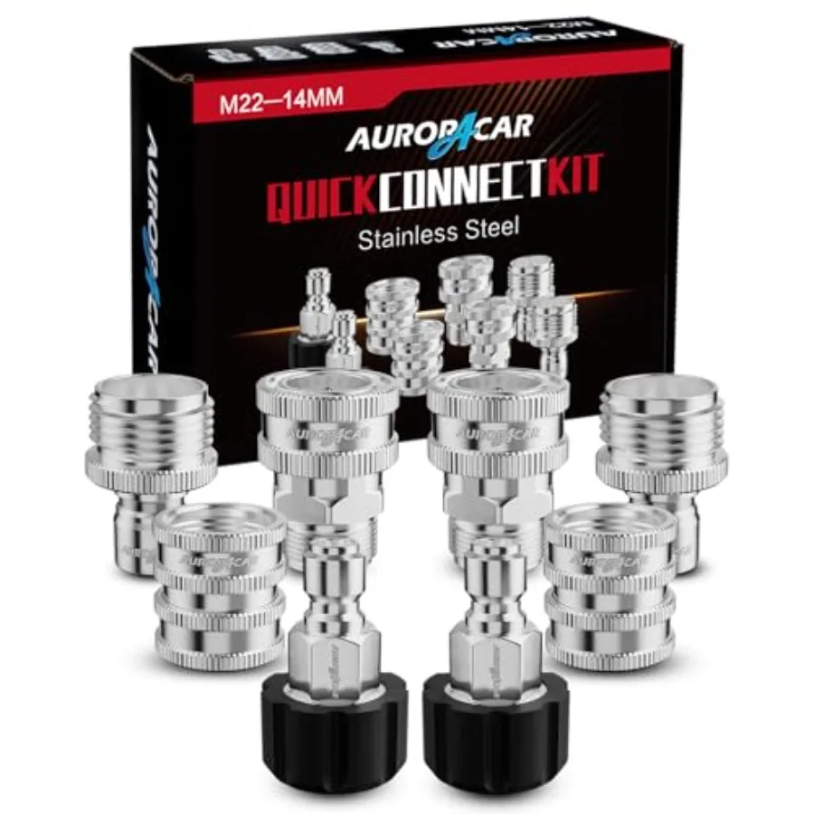 

AURORA CAR Pressure Washer Quick Connect Kit, Stainless Steel Pressure Washer Adapter Set, M22-14mm Swivel to 3/8" Quick Connec