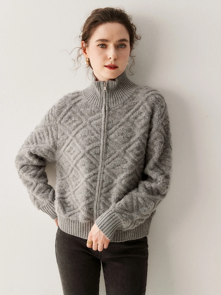 

French Style Same Clothes Autumn Winter Sweater Cardigan Women's 100% Cashmere Sweater High Neck Towel Embroidery Warm Knit Coat