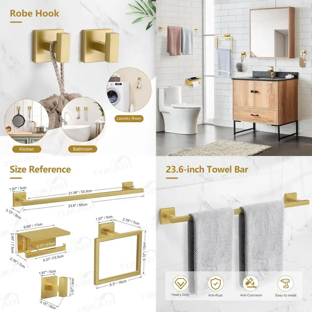

Wall-Mounted Brushed Gold Bathroom Accessory Set: 23.6 Stainless Steel Towel Bar, Toilet Paper Holder with Shelf