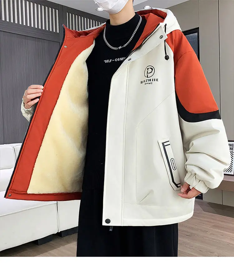 Modische Jugendliche Jacken mit Kapuze, verdicktem und plüschigem Futter, Herbst/Winter 2026, warme Fleece-Mäntel für Herren, Streetwear, winddichte Parkas – Detail 15