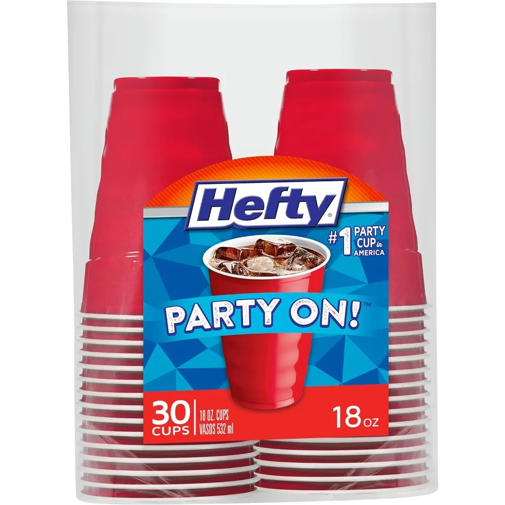 Disposable Plastic Party Cups 18 Oz Red Cups 30 Count for Parties Tailgates Birthdays Holidays Contoured Shape Easy Grip Strong Durable Bulk Pack