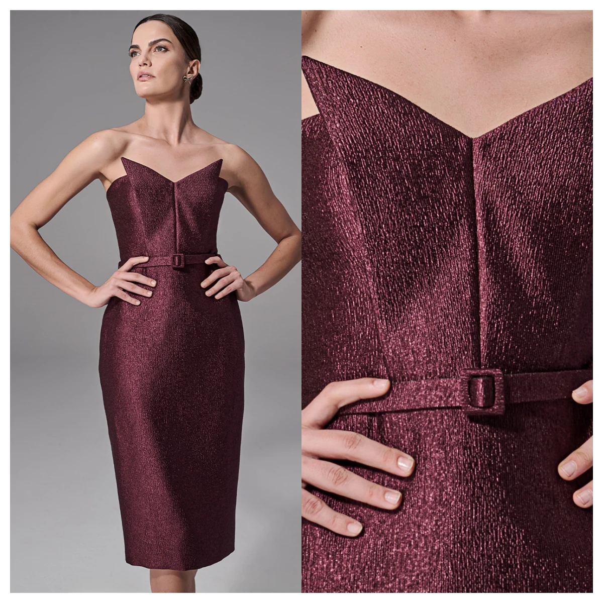 

Customized Modern Burgundy Satin Evening Dress Strapless Sleeveless Homecoming Dress Bridal Party Zipper Back Belt Fashion