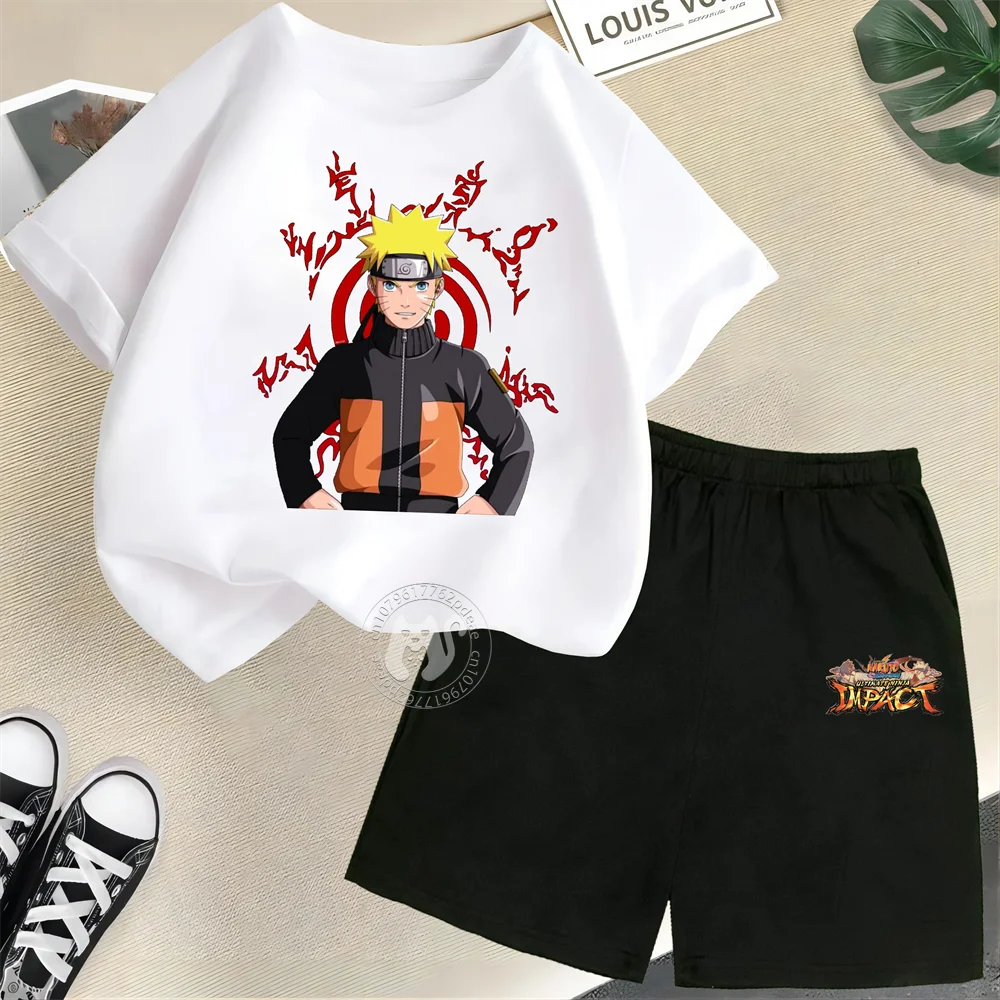 Kids Summer 100% Cotton T-shirt Naruto Naruto Print Boys Girls Short sleeve/shorts Cotton outdoor casual set top