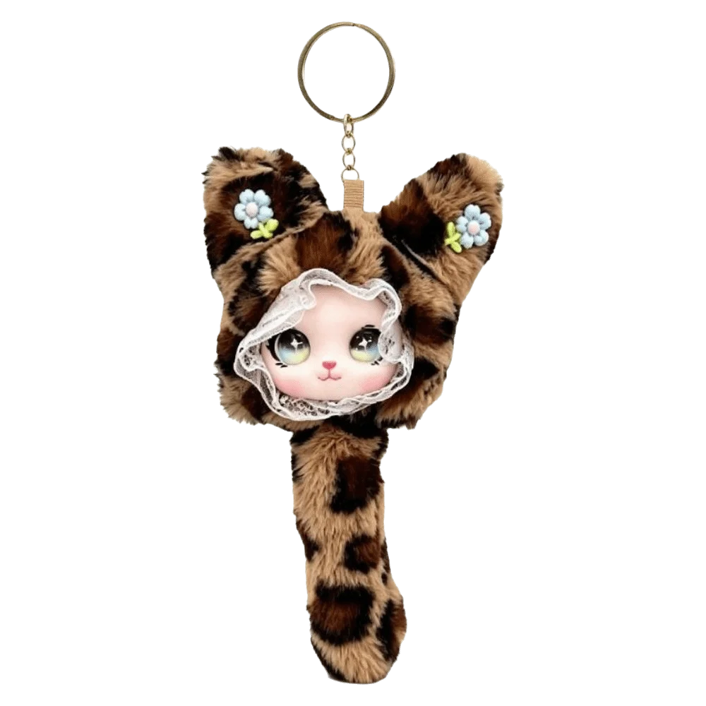 Cartoon Long Tail Plush Cat Keychain Leopard Print Hanging Decoration Furry Cat Pendant Kawaii Ornaments Cat Plush Gift