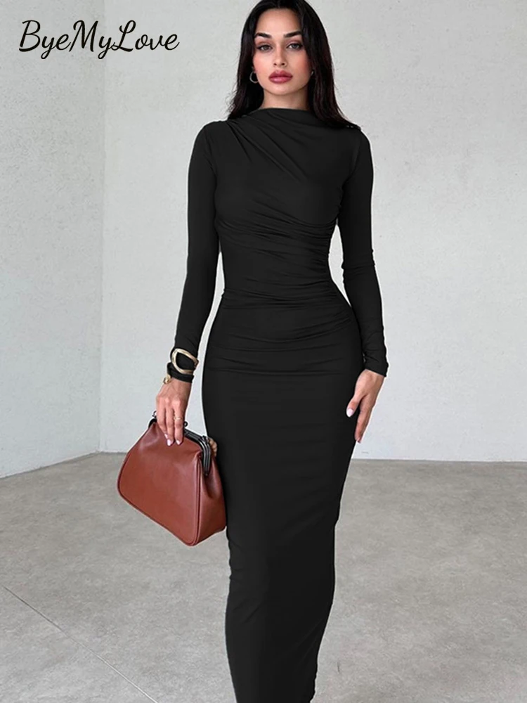 

ByeMyLove Fold Slim Long Dresses Women Solid Long Sleeve Maxi Dresses Women Autumn New Basic Fashion Dresses Female