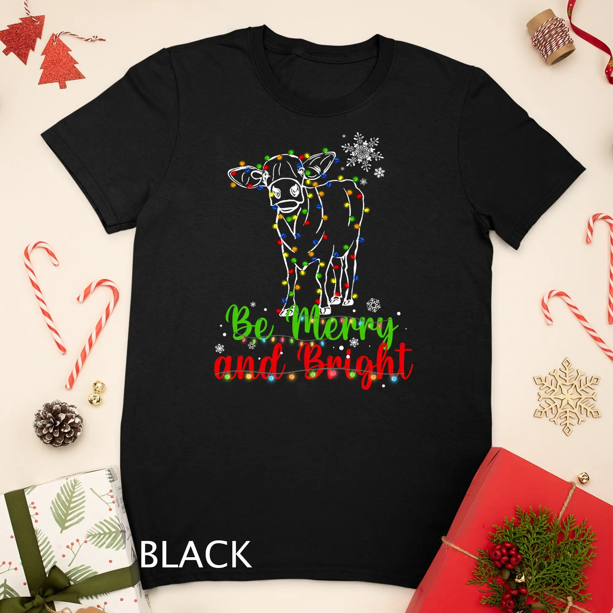 Be Merry And Bright Cow Reindeer Christmas Lights T Shirt Sweat