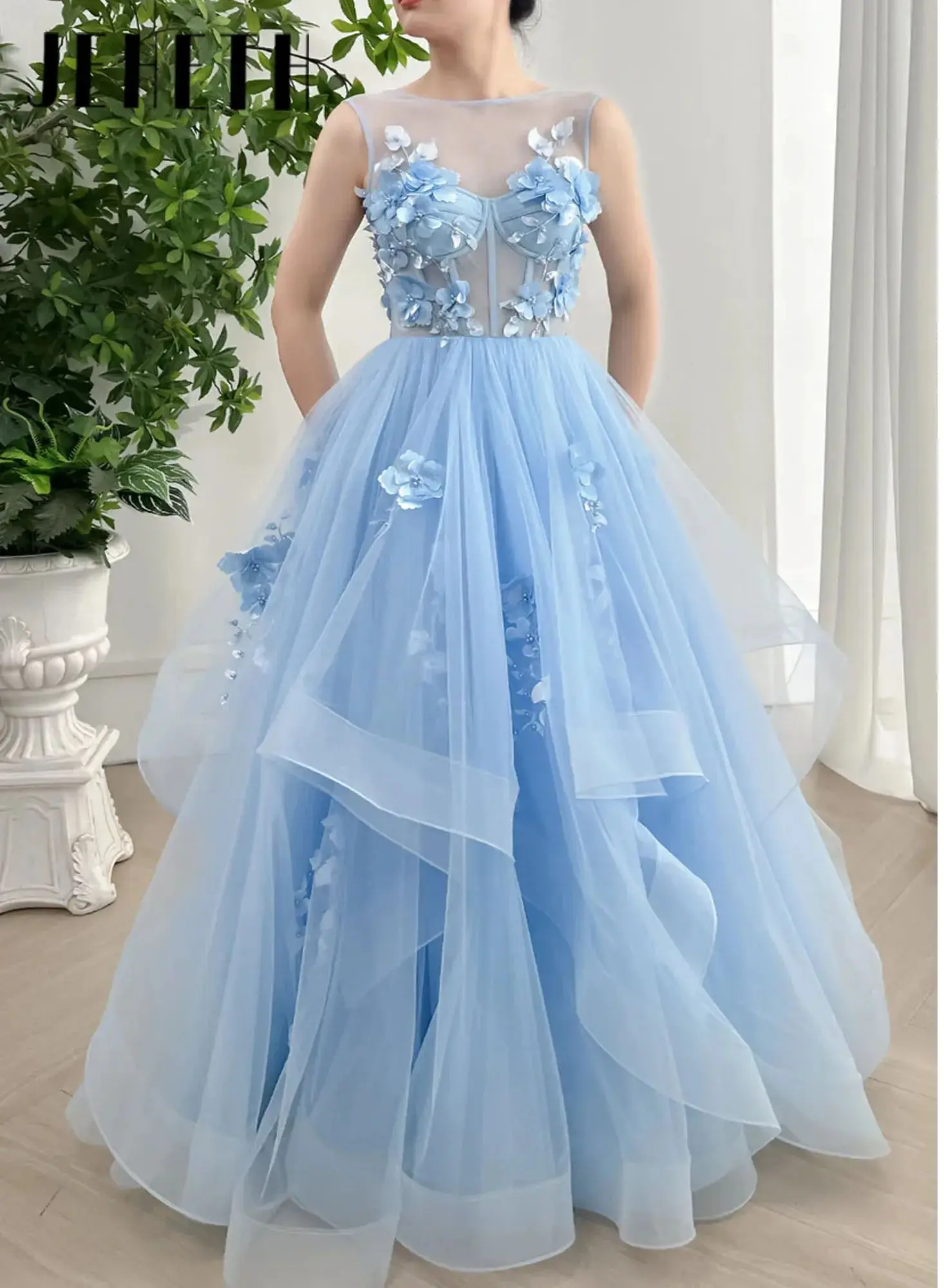 

Illusion Sleeveless Applique High Neck Corset 3D Floral Prom Dress Elegant Floor-Length Lace up Formal Occasion Dress Customized