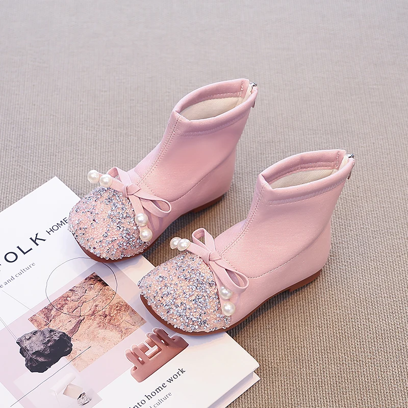 Girls Ankle Boots Children Crystal Princess Shoes Anti-slippery Fashion Kids PU Leather Boots with Butterfly-knot Size 26-35