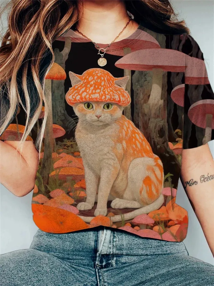 Women\'s Funny Animal Cat Printed T Shirt Short Sleeve Tees Tops 3D Prints O-Neck Shirt Summer Casual Women\'s Clothing Apparel