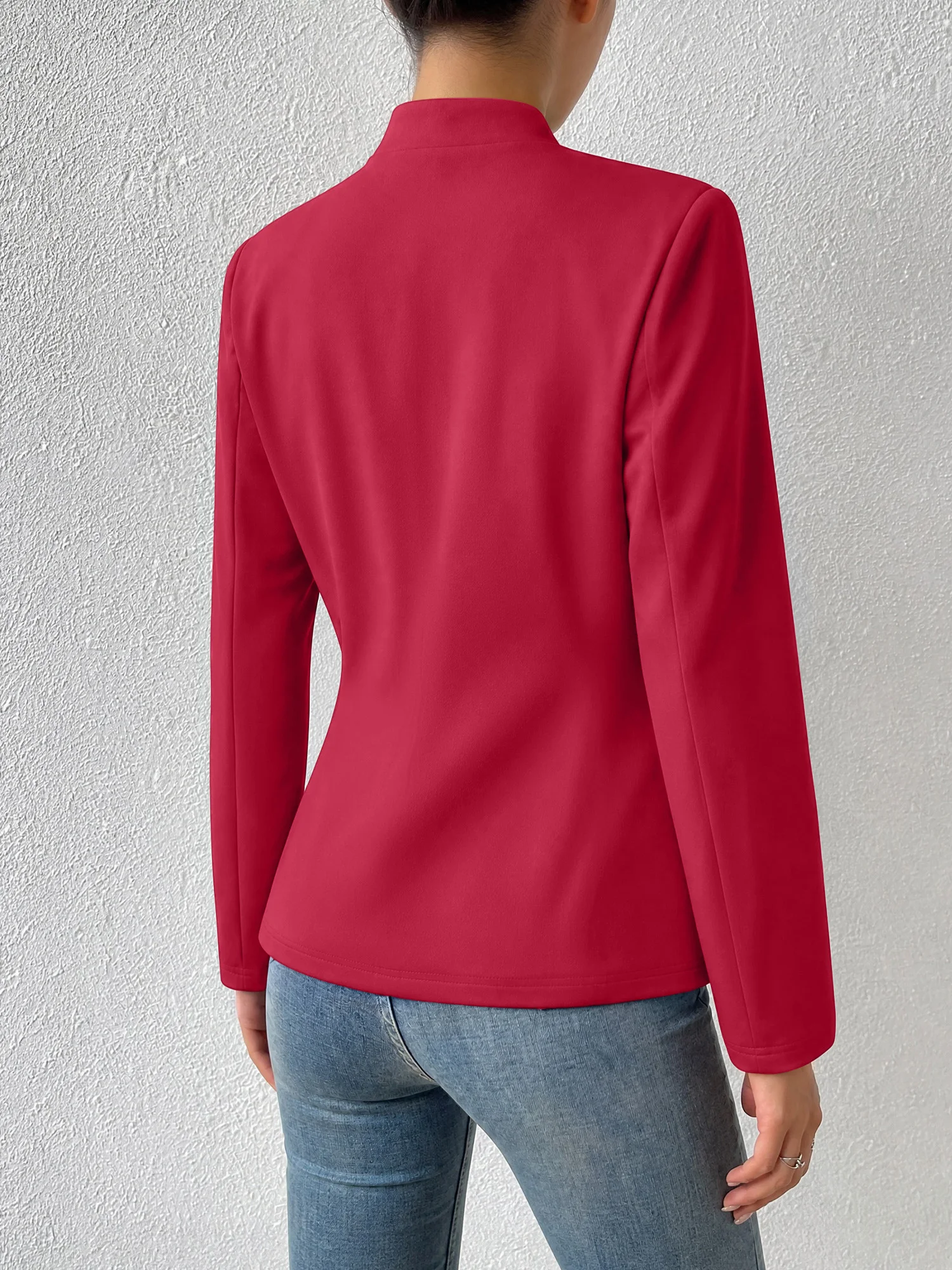 Solid Color Women Long Sleeve Open Front Blazer Stand Collar Slim Fit Casual Office Outer Jacket
