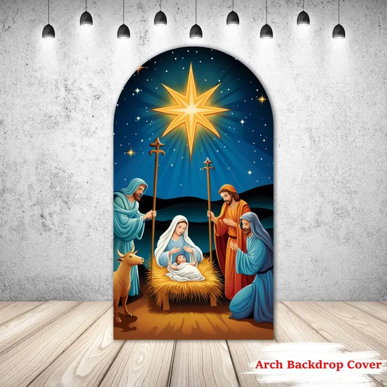 

Mehofond Christmas Nativity 2-Sided Arch Cover Backdrop Birth Date Of Jesus Xmas Farm Barn Decor Baby Photo Studio Chiara Props