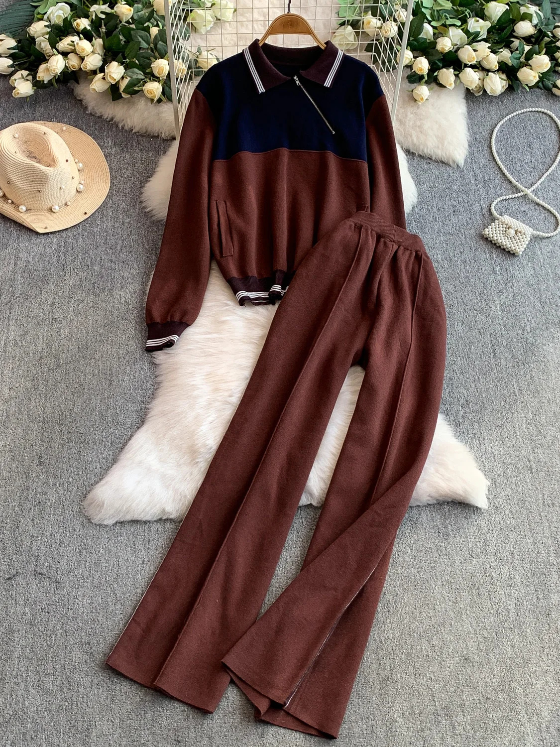 Set Rajutan Kasual Dua Potong untuk Wanita Musim Gugur Musim Dingin Desain Unik Kerah Ritsleting Warna Blo Sweatirt Pinggang Tinggi Slim Lebar ...