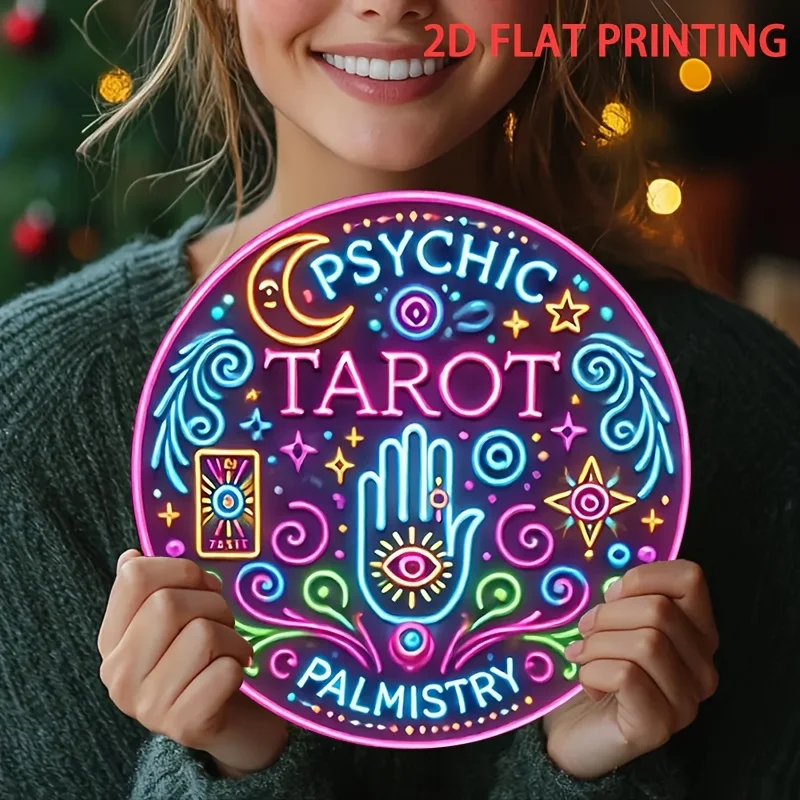 2D Flat, 1pc Psychic Tarot & Palmistry Guide Metal Wall Decor - Vintage Neon-like Psychic Symbols - Heavy-Duty Iron Tin Sign - E
