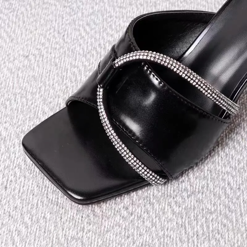 Summer Shoes Women Sexy Slippers Glitter Shiny Diamonds Slip-On PU Sandals Square Toe High Heels Wedding Party Fashion Pumps