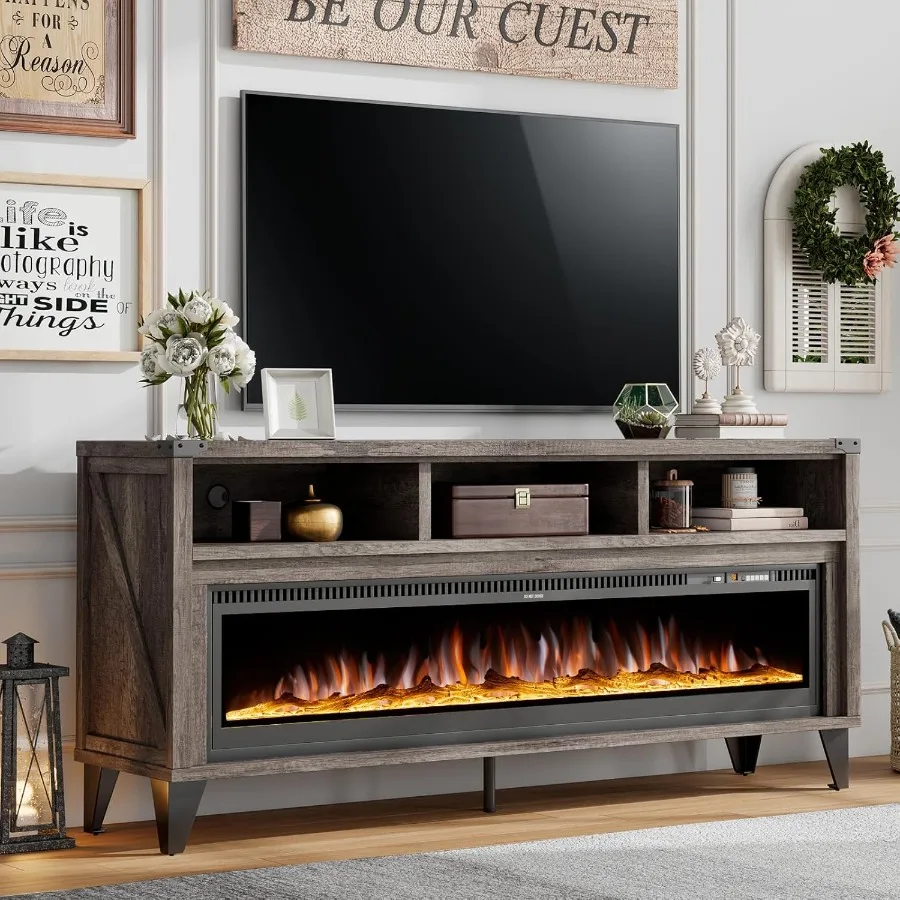 

65 Industrial and Farmhouse Style Fireplace TV Stand with 60 Glass Electric Fireplace for Living Room Entertainment Center Open