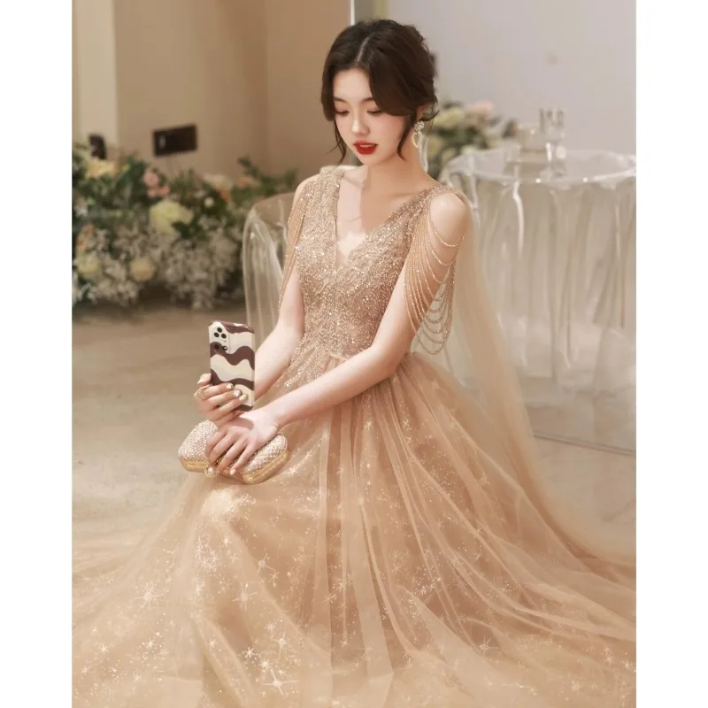 Khaki Sexy V-Neck Sequins Beaded Tassel Back Bandage Chiffon Banquet Evening Dresses Women Formal Party Gown Vestidos