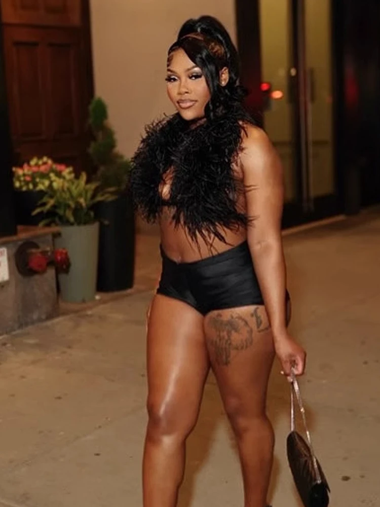 

Weird Puss сексуальный комплект из 2 предметов, женские мини-меховые топы на бретелях + узкие эластичные шорты Y2K, летняя хипстерская клубная одежда в полночь, наряды для вечеринок