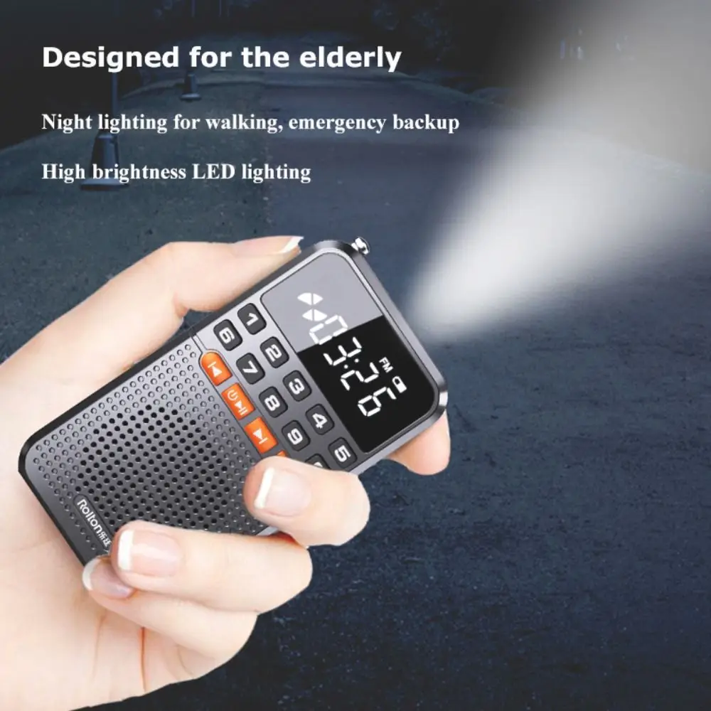 AM/FM Mini Bluetooth Speaker LED Flashlight Portable Radio Pocket Radio Receiver Walkman Black TF Card Music Player Go Hiking