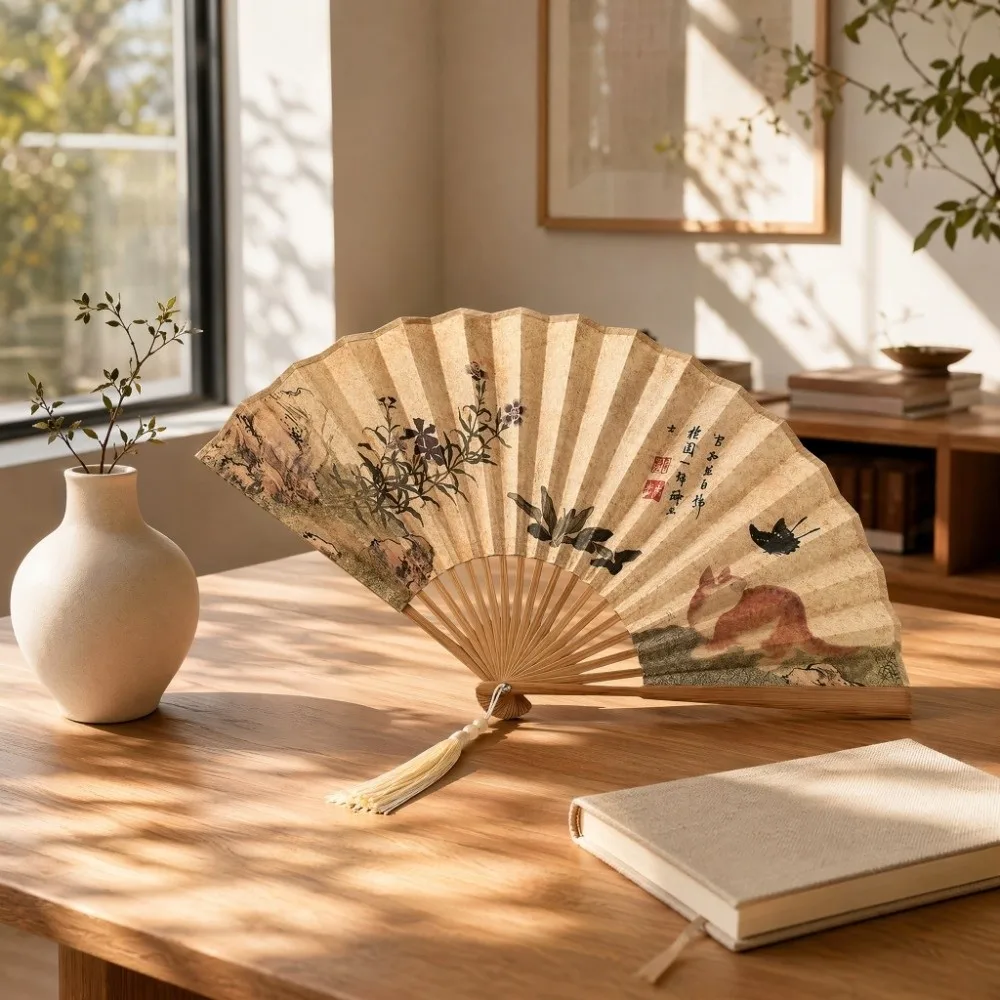 Silk Cloth Folding Hand Fan Bamboo Frame Butterfly Cat Retro Handheld Fan Double Sided Shell-Shaped Dance Fan Hanfu Cheongsam