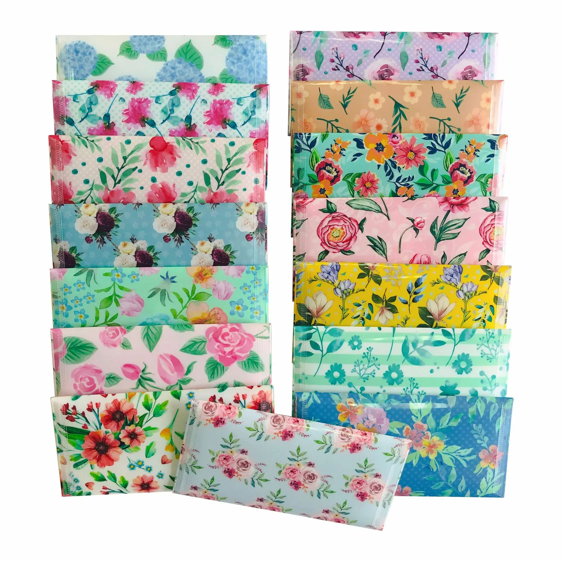 Pack of 15 PVC Budget Cash Plastic Envelopes Floral Fresh Plastic Snap Wrap Envelopes