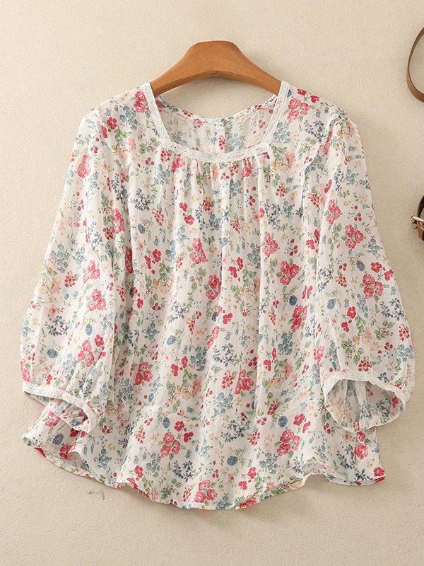 Kwiatowy Wzór Lniana Koszula Damska Jednoramienna Duży Rozmiar Artystyczna Elegancka Casualowa Bluzka Wygodna Oddychająca Letnia Bluzka