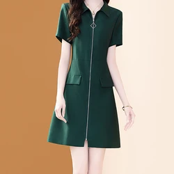 EVNISI Summer Women Elegant Green Polo Collar Dress Pocket Zipper Casual Slim Office A-line Dresses Short Sleeve Fairy Vestido