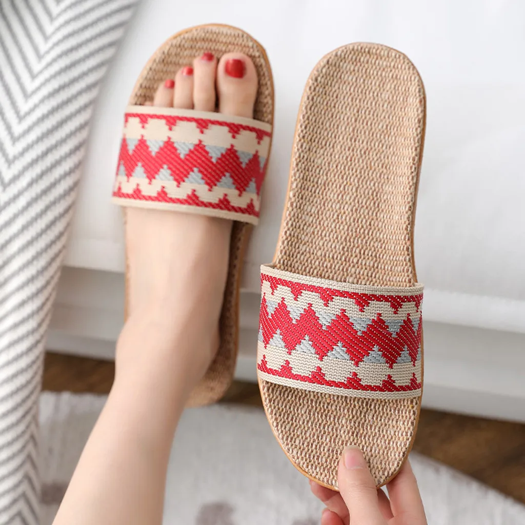 Casual Home Slippers Linen Sole Mixed Colors Fashion Comfort Flat Slippers Leisure Couples Indoor Open Toe Beach Women Shoes