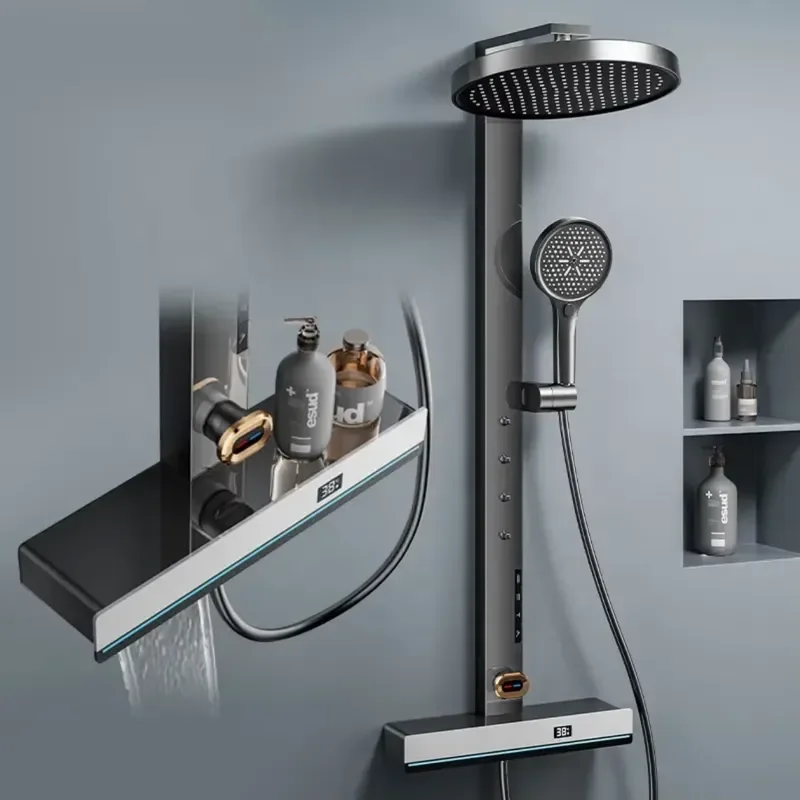 Modern Chrome LED Thermostatic Shower Faucet Set Square Brass Brushed Finish Rain Pause Hotel CE/ROHS Compliant 3-Year