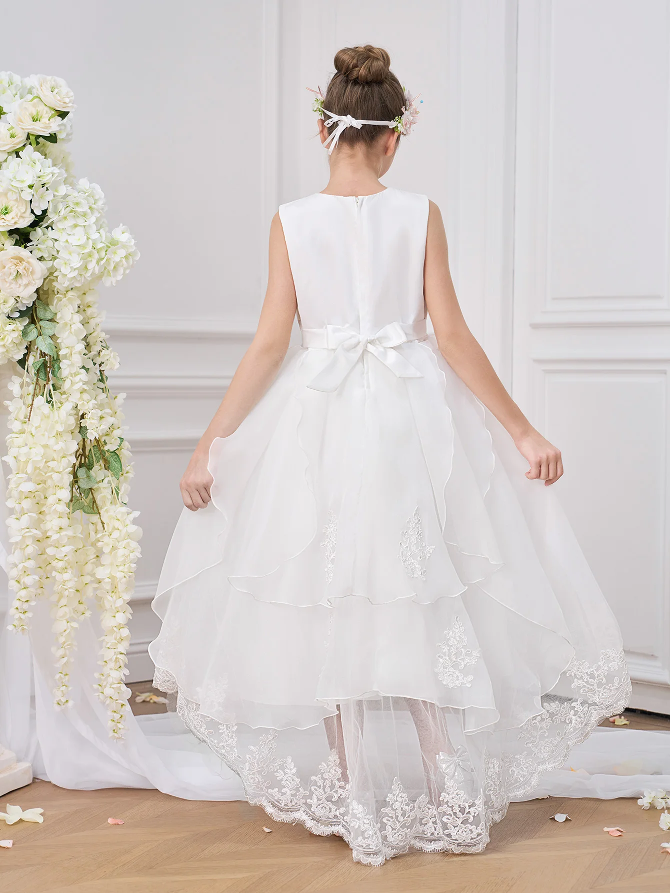 Formal White Flower Bridesmaid Girls Dress Trailing Baptism Wedding Princess Party Prom Dress Girl Elegant Birthday Evening Gown