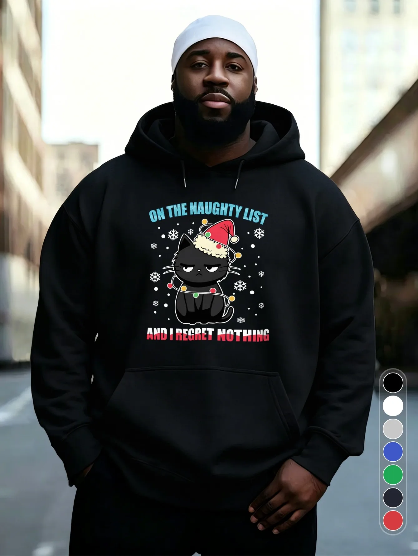 Men's Hoodies Featuring the 'Naughty List' Pattern, Featuring Tuxedos and Christmas Hat Text Prints, Are Perfect for Holiday Parties and Christmas Season. An Ideal Gift for Men, Fathers, and Boyfriends