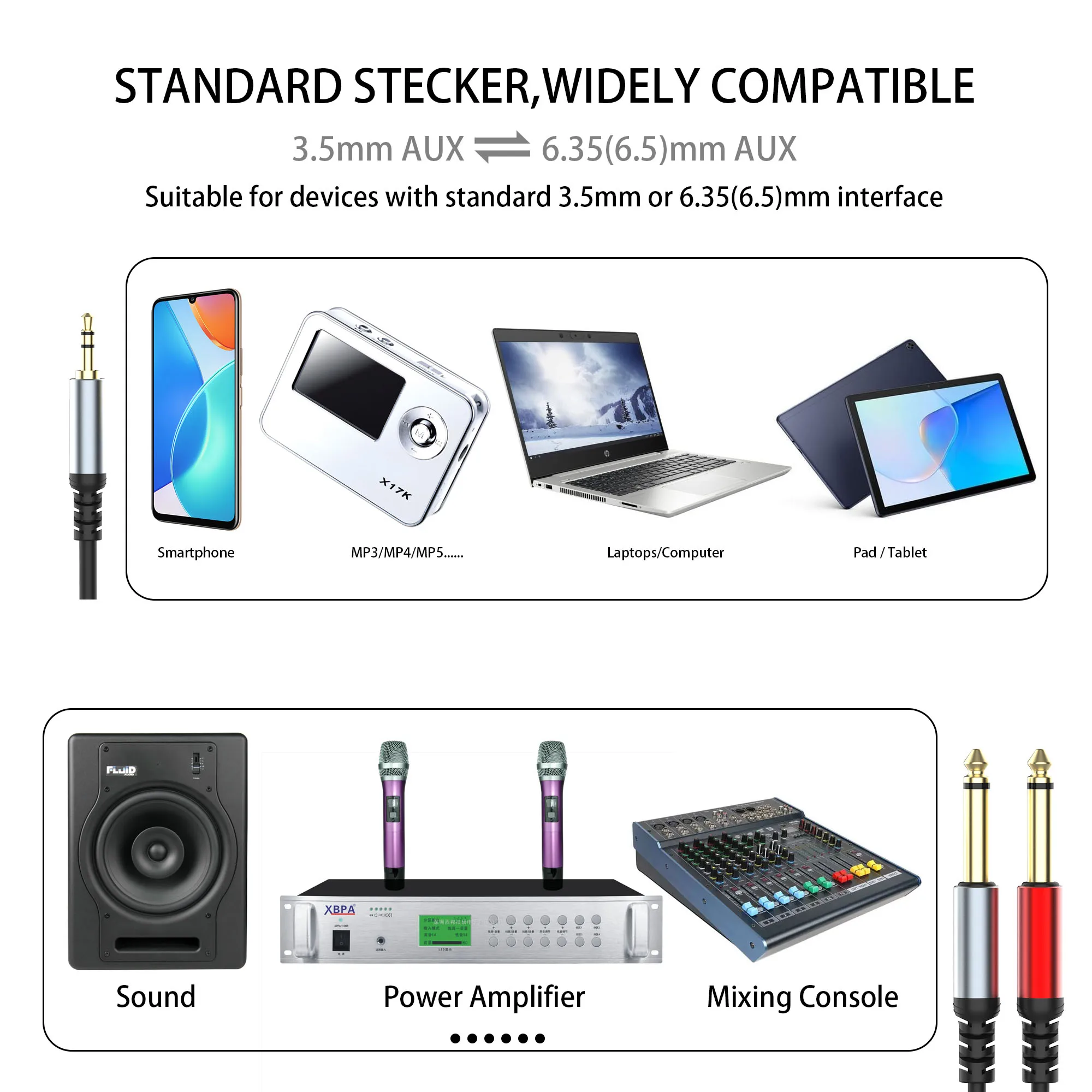 1/8 do 1/4 kabla Stereo, 3.5mm TRS do podwójnego 6.35mm 1/4 TS Mono Y Splitter Audio Adapter kompatybilny z iPhone,PC, karta dźwiękowa