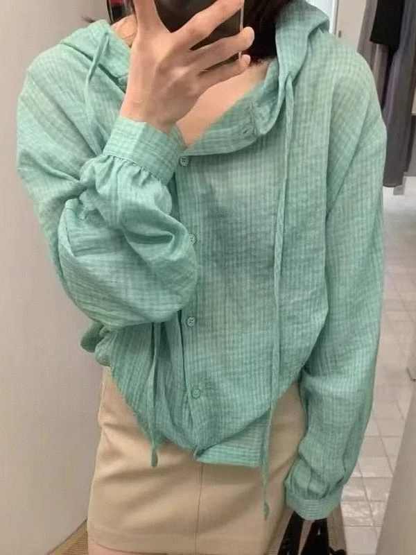 

Повседневная рубашка в корейском стиле с капюшоном на шнурке, длинными рукавами, тонкая клетчатая рубашка с защитой от солнца, верхняя одежда больших размеров, женская модная одежда на весну...