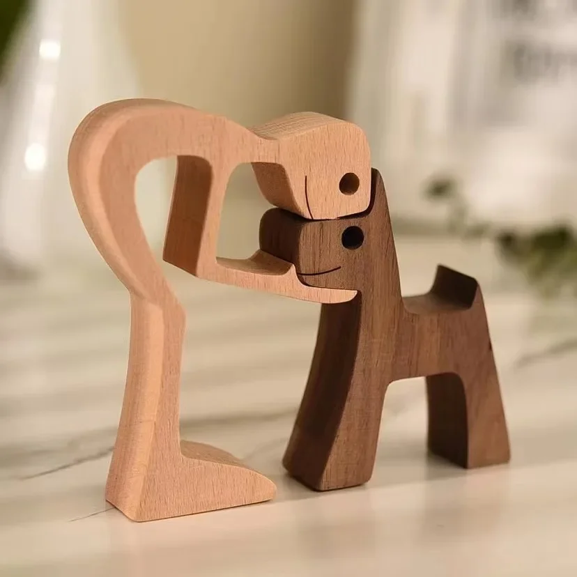 Family Puppy Wood Dog Craft Figurine Valentine's Day Gift Carving Model Office Home Decoration Christmas Gift Couple Decoration