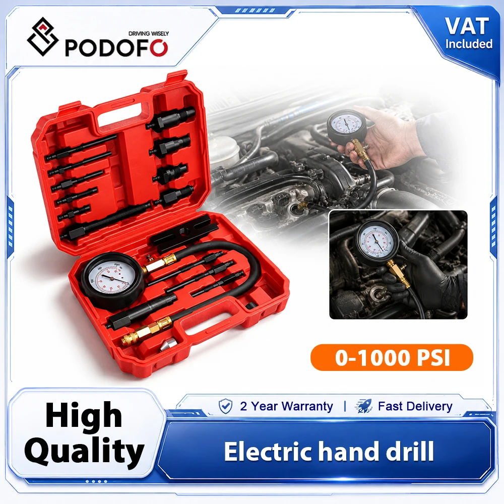 Kit di misurazione della compressione del motore diesel Podofo, 0-70 bar, 0-1000 PSI, manometro a doppia scala con adattatori per iniettori e candele, tubo a sgancio rapido e custodia, per auto,