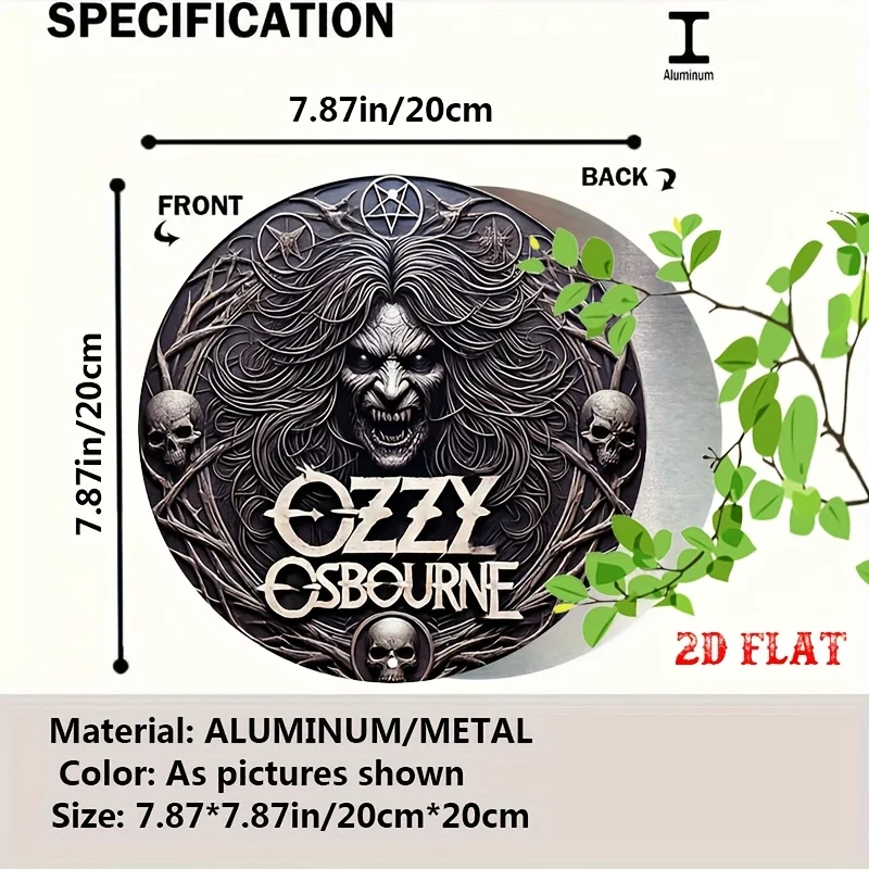 2D Flat, 1pc Ozzy Osbourne Metal Tin Sign, 3D Round Aluminum Wall Art, Vintage Horror Decor, Rustic Home & Garage Decor, 11.8 In