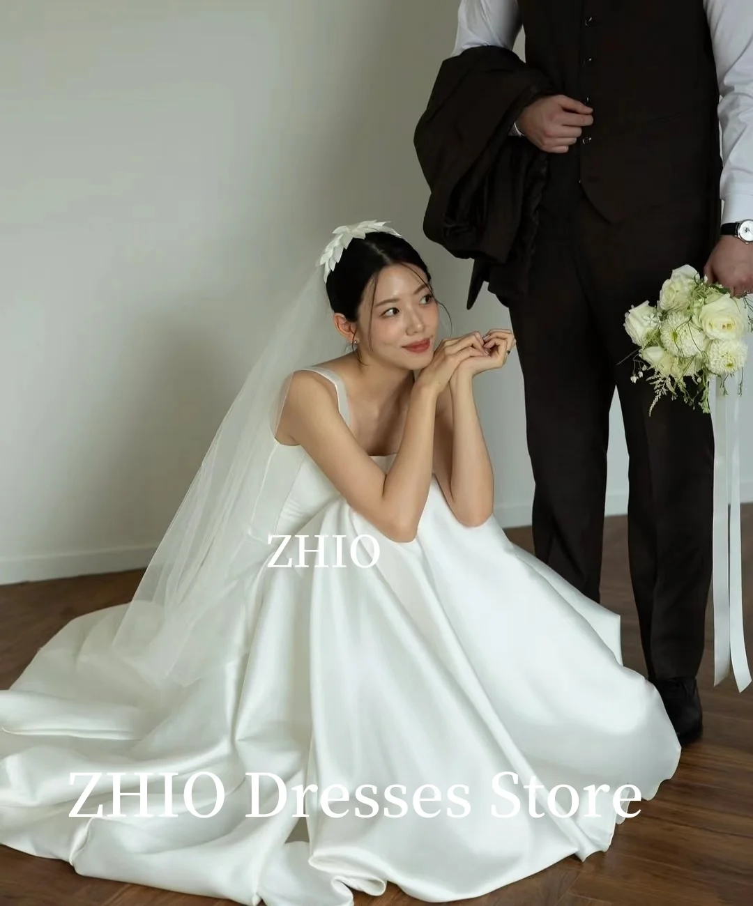 ZHIO Simple Princess Wedding Dress A-Line Floor Length Sweep Train Taffeta Korea Photo Shoot Bridal Gown Customized Elegant