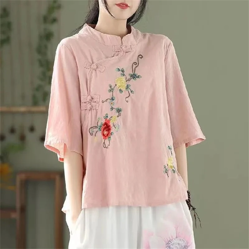 Women Chinese Ethnic Style Vintage Shirts Stand Collar Embroidery Cotton Linen Blouses Solid Half Sleeve Loose Tops Ropa Mujer