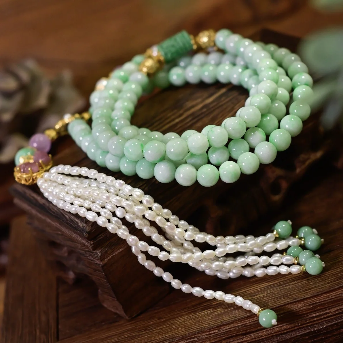 

Natural A-Grade Jade Necklace, Douqing Jade Freshwater Pearl Fringe Tourmaline Four-Strand Bracelet, Chinese Jewelry Gift
