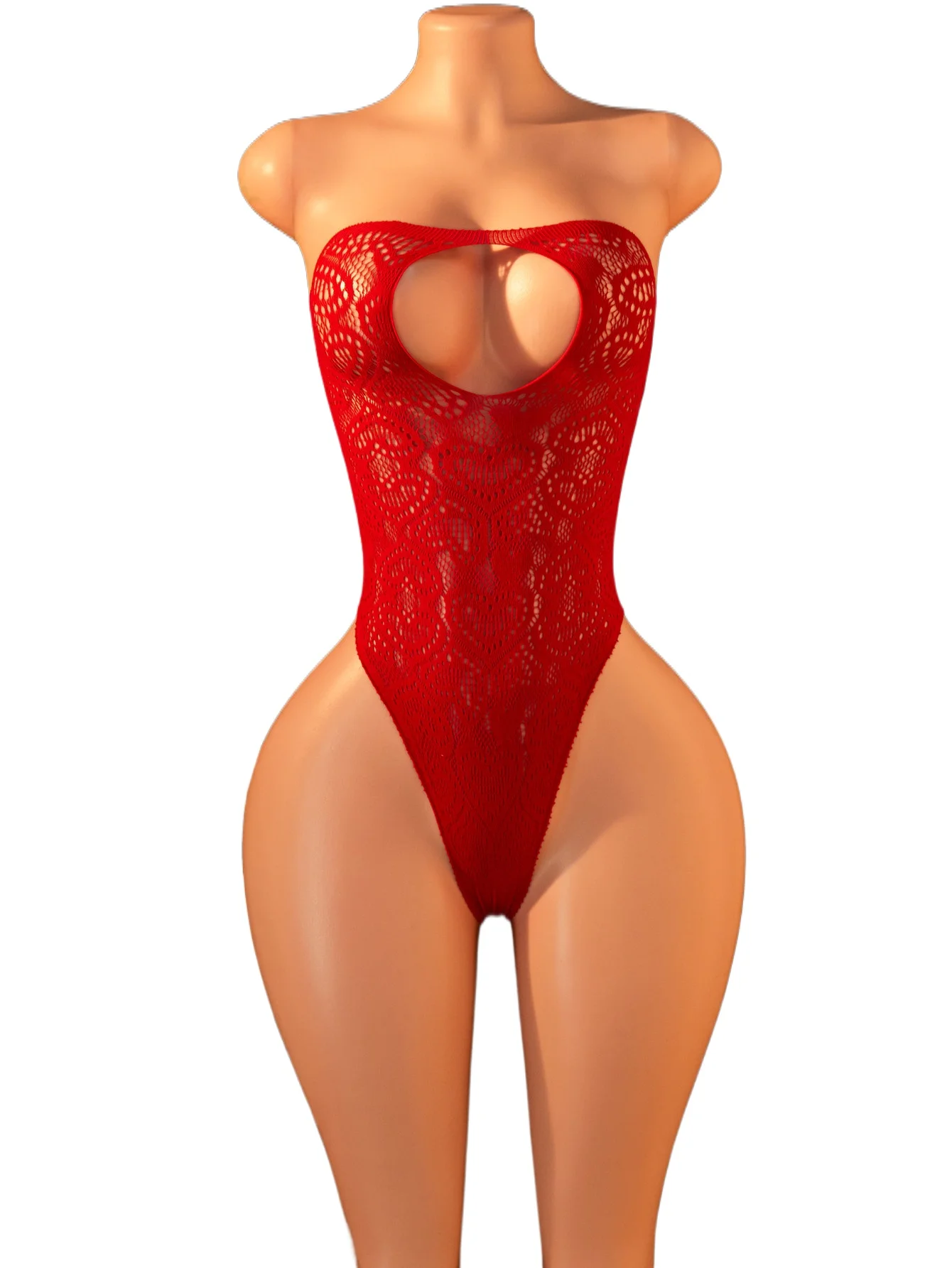

Women's Sexy Lingerie Strapless Chest Cutout Bodysuit Heart Pattern Decoration Teddy Sexy See Through Bodycon for Private Part