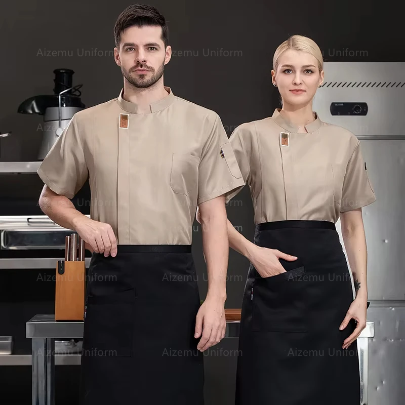 Men Chef short sleeve Jacket Breathable Chef coat Restaurant Kitchen black kitchen Chef uniform apron Summer work clothes logo
