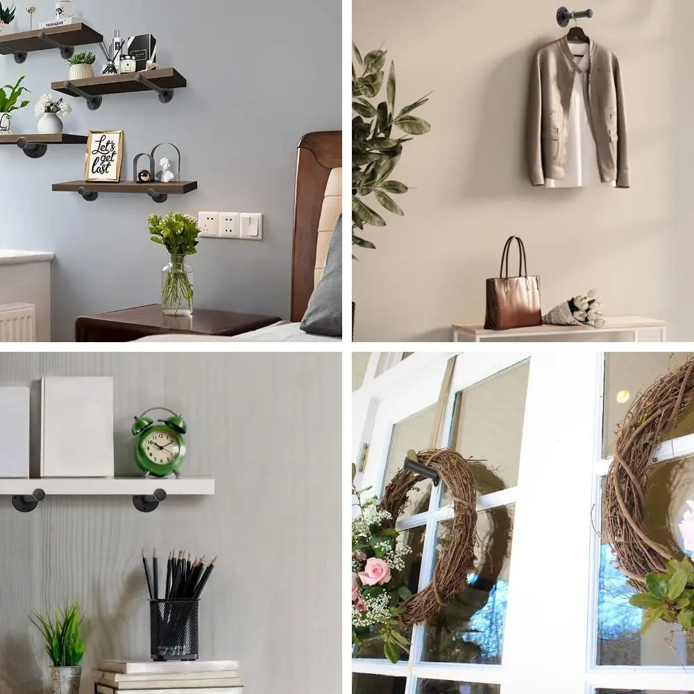 

4pcs Black Iron Pipe Wall Floating Shelf Holder Fine Workmanship Heavy Duty Floating Shelf Support Retro Style Industrial Decor