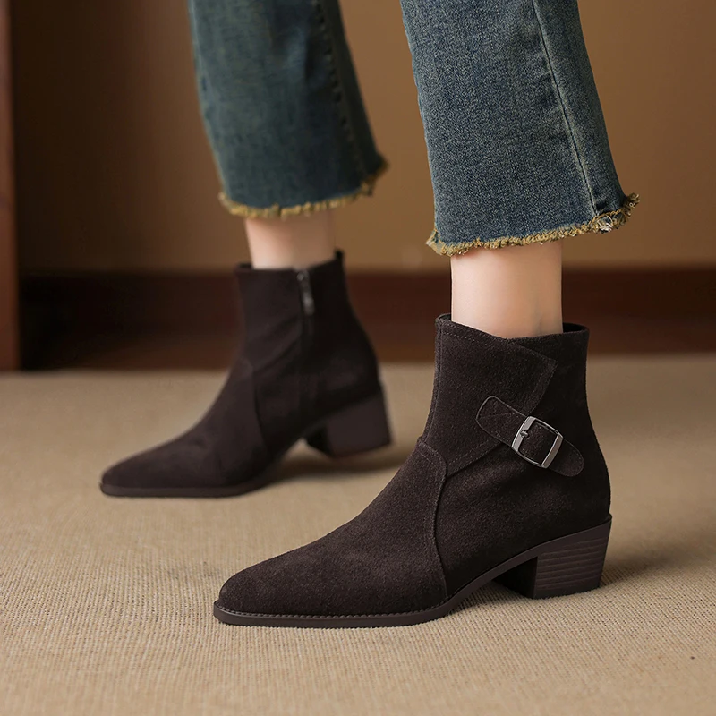 2026 autumn winter women ankle boots natural leather plus size 22-26cm cow suede pointed toe thick heel side zip short boots