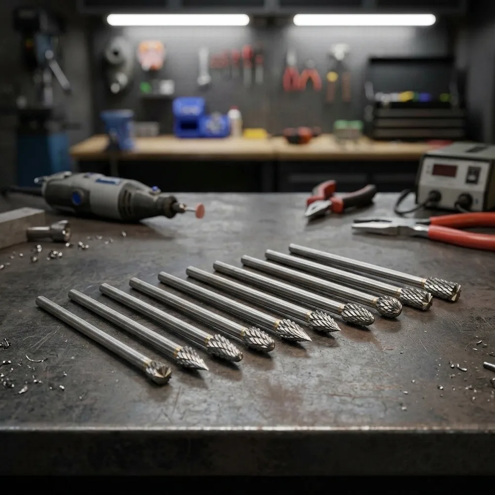 Rotary Burrs 10PCS For Solid Carbide 3mm Shank 100mm Length 6mm Head Diameter for General Purpose Milling Grinding and Shaping