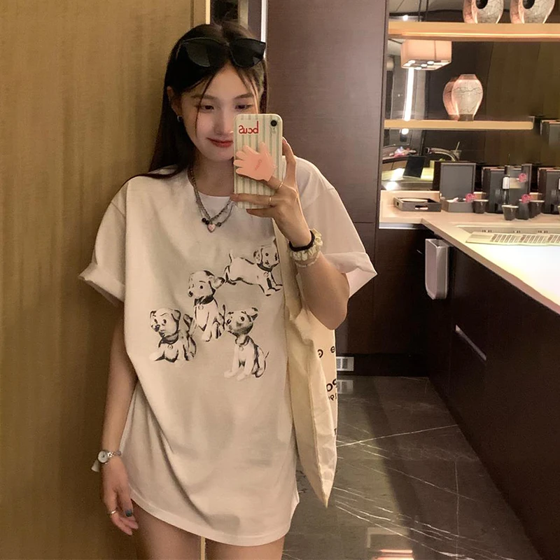 Cartoon Dog Print Summer T-Shirts + Trousers Suit Two Piece Pajamas Set Vintage Y2K Sleepwear Casual Streetwear Home Suit Cotton
