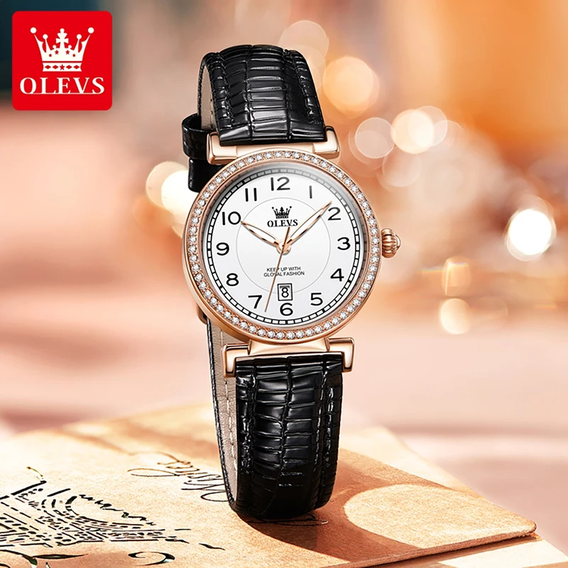 

OLEVS Casual Fashion Women Watch Wristwatches Luxury Diamond Case Quartz Watch Calendar Display Simple Clock Leather Strap 5590