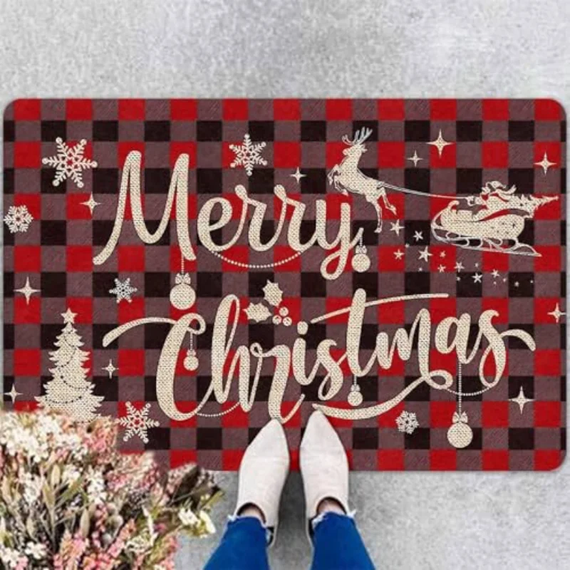 VIKAMA Merry Christmas Doormat Red Plaid Reindeer Sleigh Snowflake Welcome Mat Non Slip Soft Flannel Floor Rug for Front Door